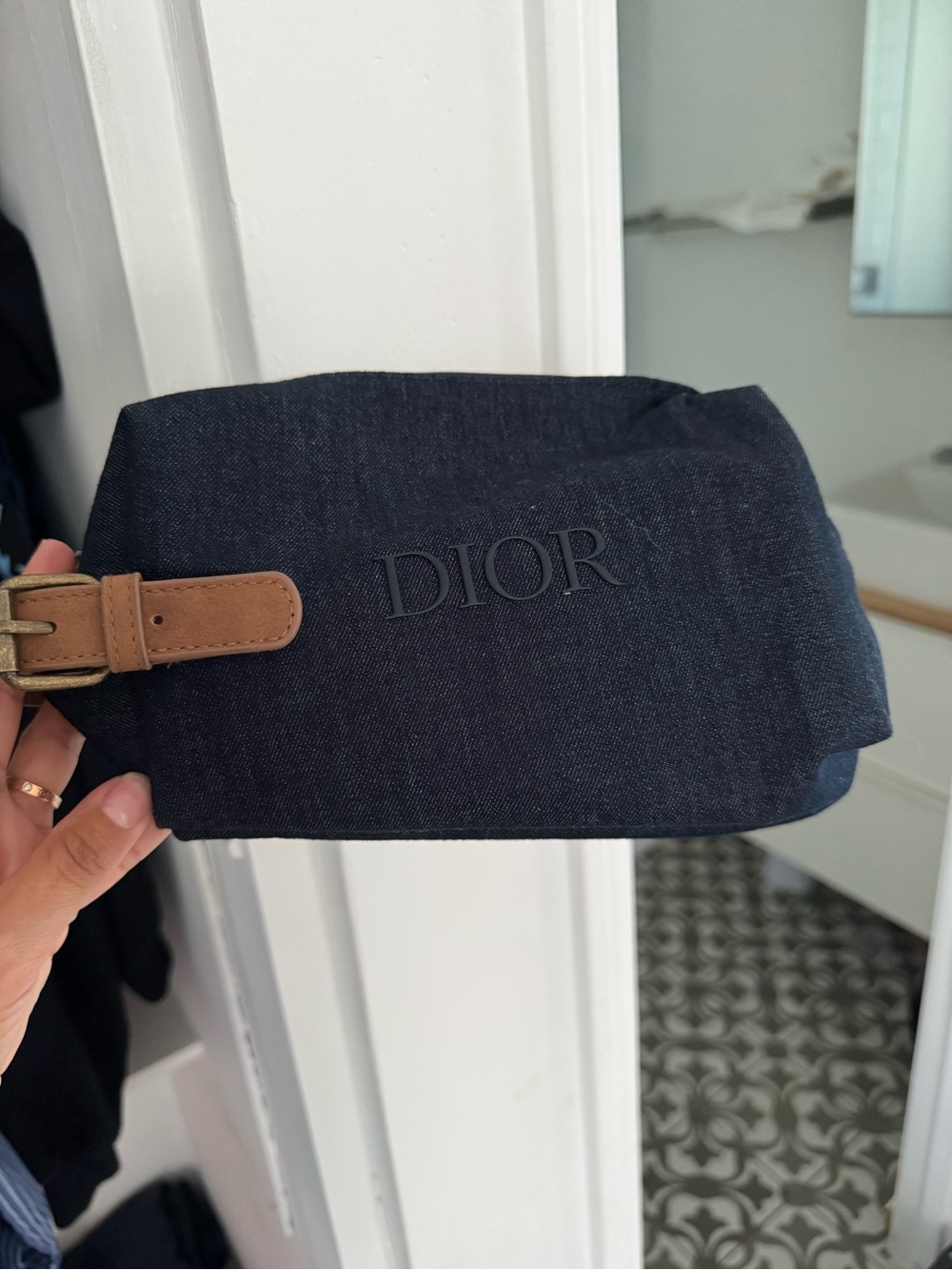 Dior Navy Denim Travel Pouch with Tan Leather Accent cosmetic bag